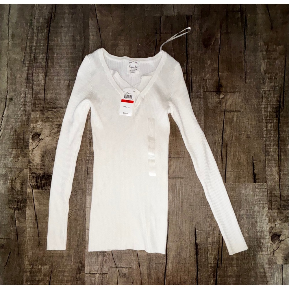 Hippie Rose Womens Winter White Ribbed V-Neck Strappy Long Sleeve Top‎ XS